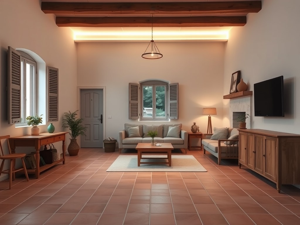 Séjour provençal aux poutres apparentes éclairé par un bandeau lumineux intégré