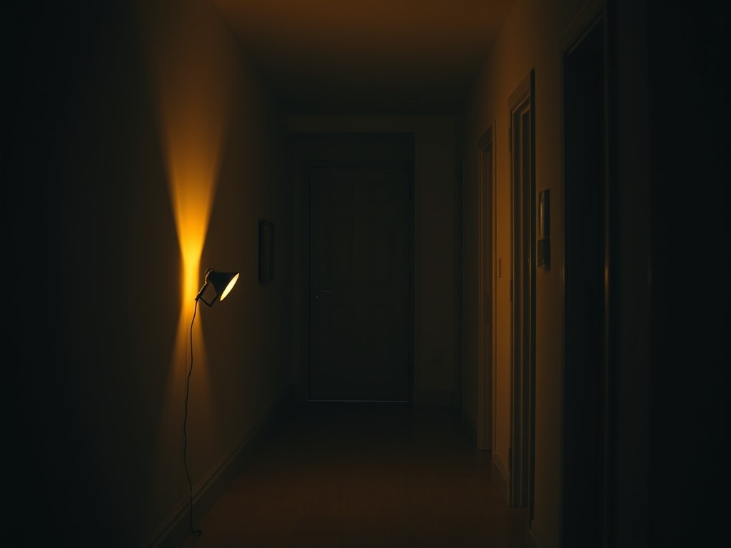 Tableau électrique éclairé par une lampe de travail lors d'une intervention de dépannage