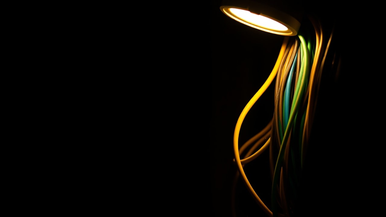 Tableau électrique ouvert éclairé par une lampe de chantier lors d'une intervention