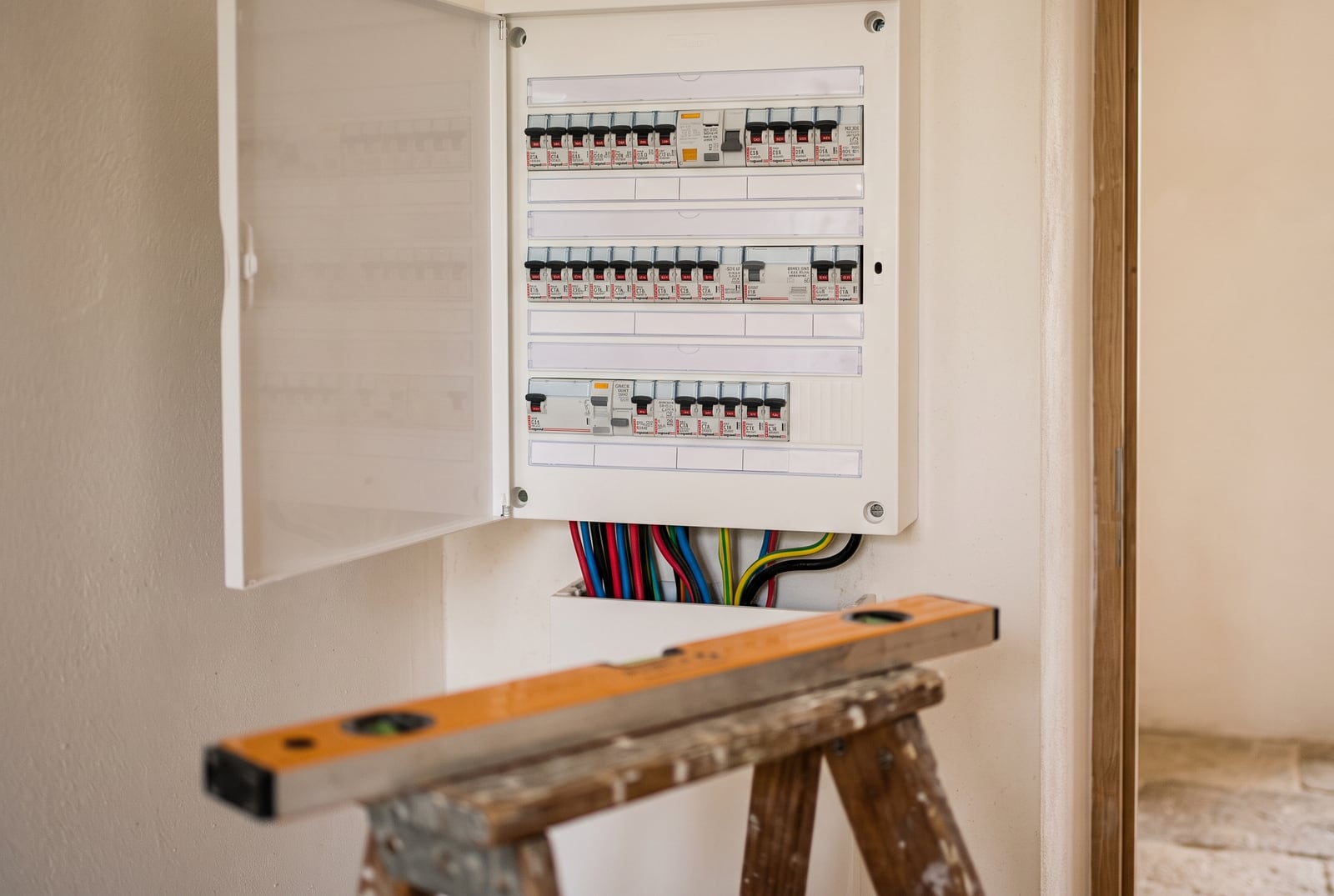 Tableau électrique moderne entrouvert dans l'entrée d'une maison provençale rénovée