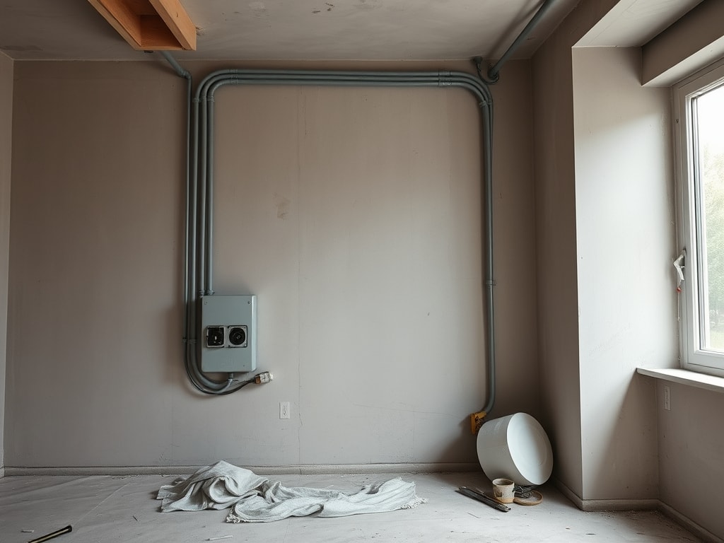 Mur en rénovation avec gaines électriques apparentes et boîte de dérivation