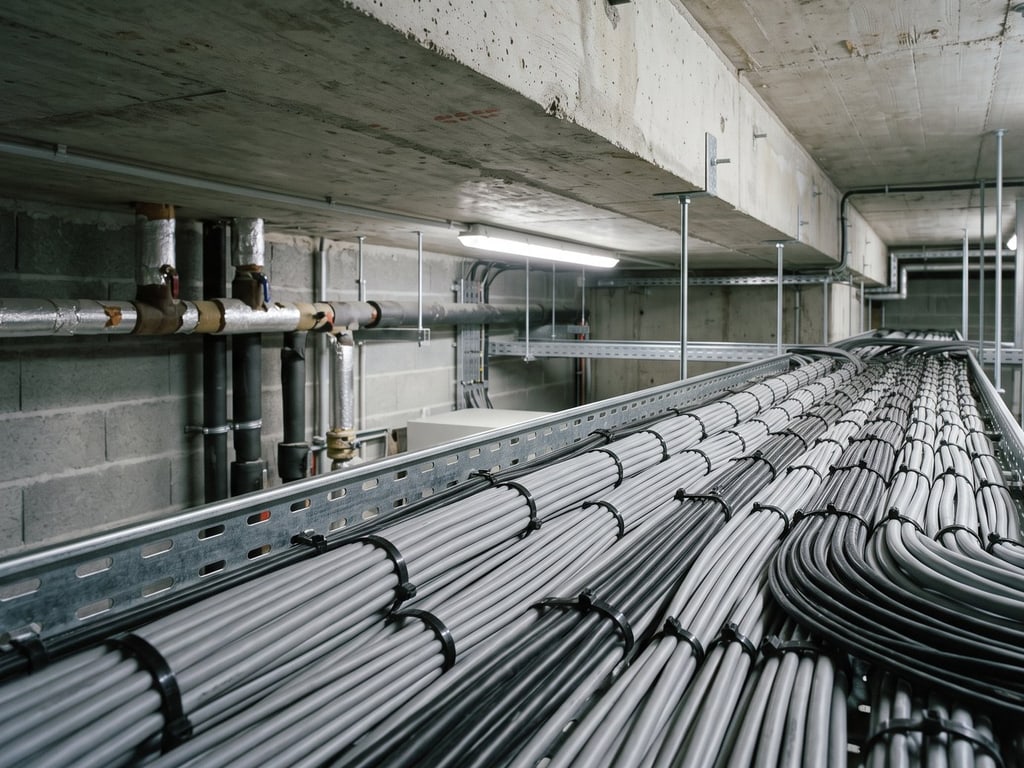 Chemin de câbles en faisceaux parallèles courant au plafond d'un local technique
